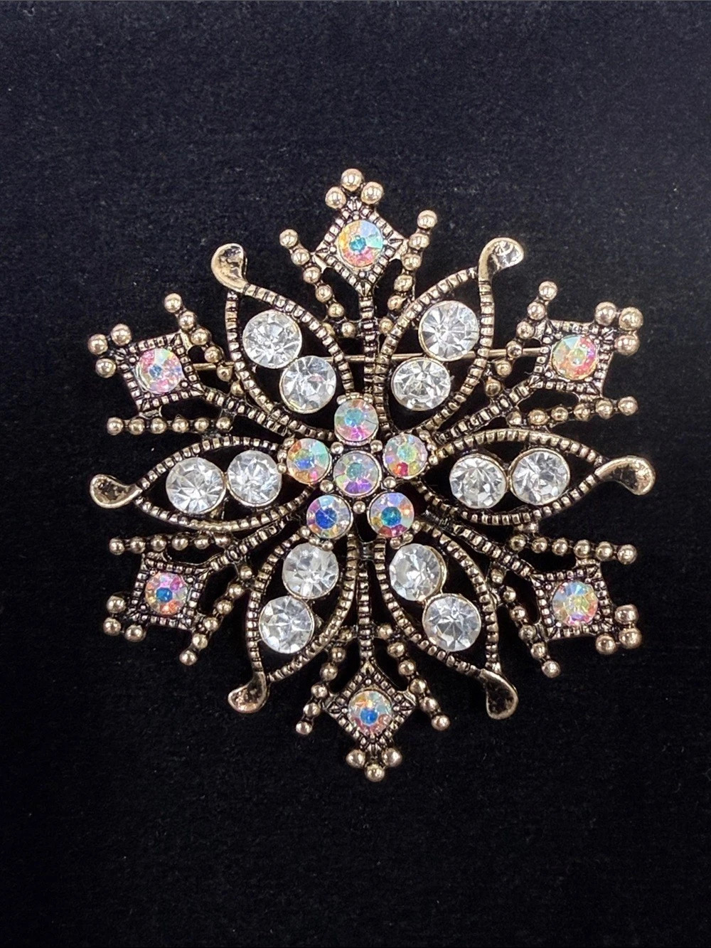 Vintage Style Large Rhinestone Starburst Brooch AB Crystal Gold Tone Statement P